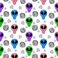 Multicolored masks of aliens and planets, in cartoon style, seamless square pattern