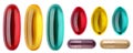 Multicolored medical pills, capsules and vitamins isolated on a white background. Medical Drugs Pills and oil Capsules. Healthy