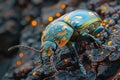 Multicolored Metallic Jewel Bug On Tree Bark With Orange Bokeh Background Royalty Free Stock Photo