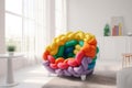 Multicolored modern soft chair in sunny room. Generate ai