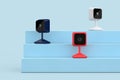 Multicolored Modern Web Cameras on a Blue Product Presentation Podium Cube. 3d Rendering Royalty Free Stock Photo