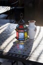 Multicolored moroccan lamp on table