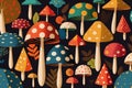 Multicolored mushrooms pattern. Surreal flat lay illustration