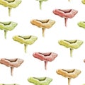 Multicolored mushrooms watercolor seamless pattern