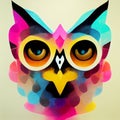 Multicolored muzzle of an owl on a beige background in a beautiful style. AI-generated