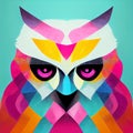 Multicolored muzzle of an owl on a green background in a beautiful style. AI-generated