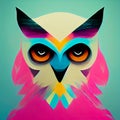 Multicolored muzzle of an owl on a green background in a beautiful style. AI-generated