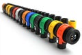Multicolored network cable plugs arranged in sequence illustrating organized connectivity structured networking systems and mod