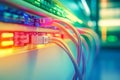 Multicolored network cables plugged into a server symbolizing high capacity data transmission and enterprise IT infrastructure