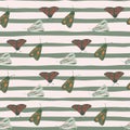 Multicolored night moth silhouettes seamless pattern. Doodle insect ornament on background with green strips