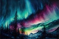 Multicolored northern lights. Aurora borealis. AI Generative illustration