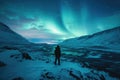 Multicolored northern lights at night in the forest. Diverse nature