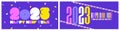 Multicolored numbers 2023 and happy New Year greetings on purple background. Retro style vector illustration for holiday calendar Royalty Free Stock Photo