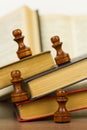 Multicolored old books and chess pieces Royalty Free Stock Photo