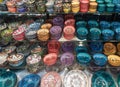 Multicolored painted ceramic oriental plates in the market at in Turkey. Oriental interior design. Turkish souvenirs