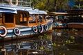 Multicolored painted old car tires hang over the side of a pleasure boat. Royalty Free Stock Photo