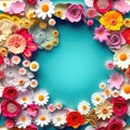 Multicolored paper flowers abstract background with copy space