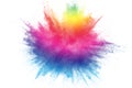Multicolored particles explosion on white background. Colorful dust splatter on white background