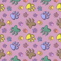 Multicolored paw prints of different animals, cartoon style, seamless square pattern Royalty Free Stock Photo