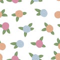Multicolored peach pink pink blue roses with green leaves on a w