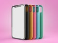Multicolored phone cases presentation for showcase 3d render on color gradient
