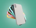 Multicolored phone cases presentation for showcase 3d render on green gradient