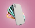 Multicolored phone cases presentation for showcase 3d render on pinck gradient