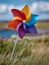 Multicolored pinwheel in a grassy meadow under a blue sky. Royalty Free Stock Photo