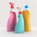 Multicolored plastic bottles with chemical cleaner on a white background. Generative AI