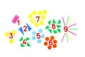 Multicolored plastic figures and numbers on a white background. Educational games for children. Math and calculation skills