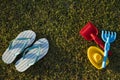 Multicolored Plastic Toys and Light Blue Flip Flops on a Grass