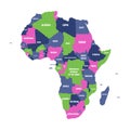 Multicolored political map of Africa continent with national borders and country name labels on white background. Vector