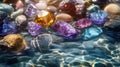 Multicolored precious beautiful stones in water. Selective focus. Royalty Free Stock Photo