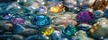 Multicolored precious beautiful stones in water. Selective focus. Royalty Free Stock Photo