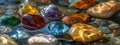 Multicolored precious beautiful stones in water. Selective focus. Royalty Free Stock Photo