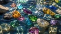 Multicolored precious beautiful stones in water. Selective focus. Royalty Free Stock Photo