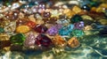 Multicolored precious beautiful stones in water. Selective focus. Royalty Free Stock Photo