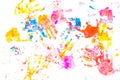 Multicolored prints of children`s hands and feet on white background. Abstract painted background. Children`s art and painting