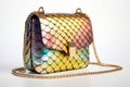 Multicolored purse with gold chain strap and gold lock. Generative AI