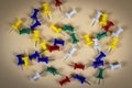 Multicolored push pins on the light background. Close up. Selective focus Royalty Free Stock Photo