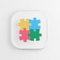 Multicolored puzzle icon. 3D rendering white square button key, interface element