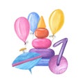 Multicolored pyramid, blue spinning top, violet ball, number 1, yellow, red, blue balloons. Kid wooden Toys. Watercolor