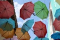 Multicolored rainbow background colorful umbrella street decoration Royalty Free Stock Photo