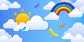 Multicolored rainbow icon, butterflies, sun and clouds on a blue sky background. cartoon style. Royalty Free Stock Photo