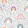 Multicolored rainbows, hearts and black dots seamless repeat pattern. Hand drawn repeat pattern for wrapping, fabrik, textile.