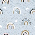 Multicolored rainbows, white stars and clouds seamless repeat pattern. Hand drawn repeat pattern for wrapping, fabrik, textile.