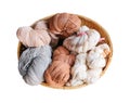 Multicolored raw cotton thread in wood tray isolated on white background with clipping path Royalty Free Stock Photo