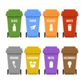 Multicolored recycle waste bins on wheels for separate garbage collection