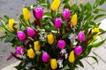 Multicolored, red, yellow, white, lilac tulips on display for sale Royalty Free Stock Photo