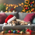 Multicolored relaxed cat lying on a gray sofa in a Santa\'s hat with blurred Christmas